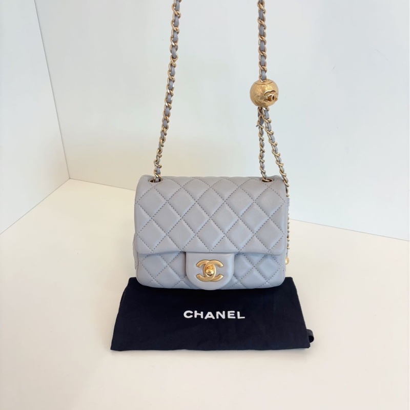 ✨Chanel 灰色金扣 金珠方胖子 99新 芯片款🩶-11