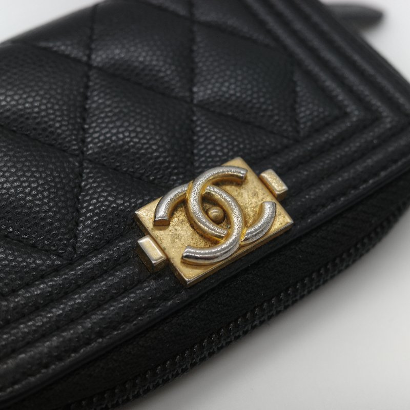 Chanel 香奈兒 Boy Chanel 黑色 菱格紋 荔枝皮 金扣 拉鍊拉鍊零錢包短夾-6