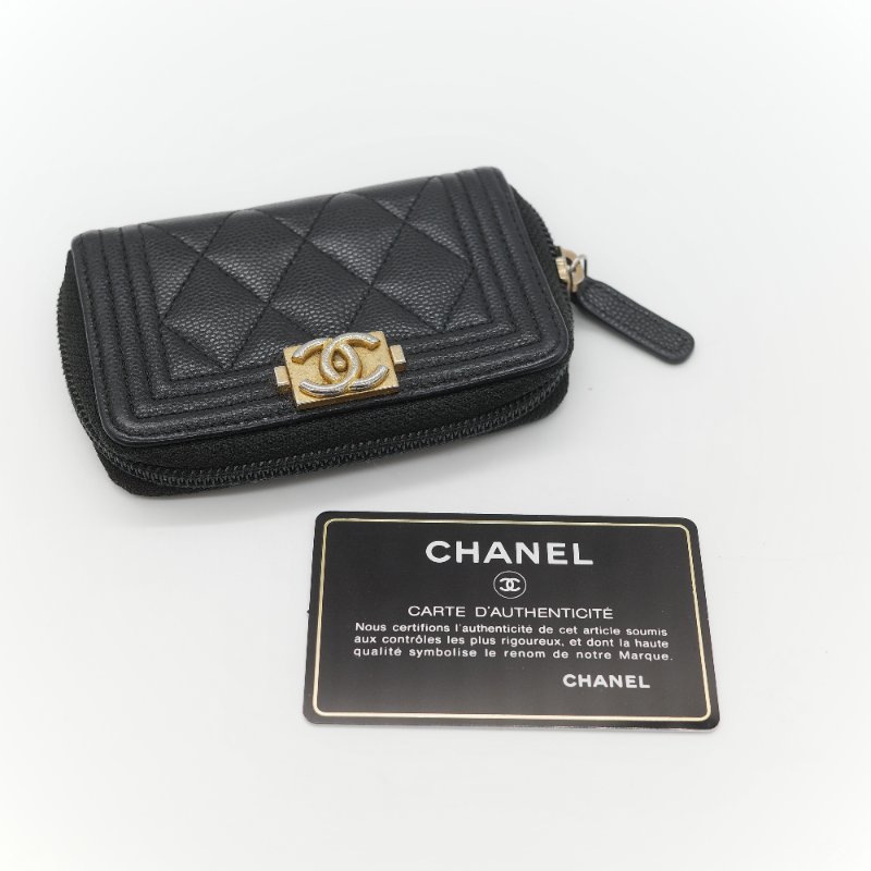 Chanel 香奈兒 Boy Chanel 黑色 菱格紋 荔枝皮 金扣 拉鍊拉鍊零錢包短夾-14