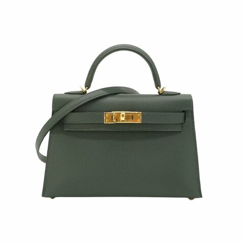 Hermes 展示品 Mini Kelly 2代 Epsom牛皮手提斜背包(Q0灰綠/K刻金釦)