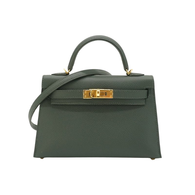 Hermes 展示品 Mini Kelly 2代 Epsom牛皮手提斜背包(Q0灰綠/K刻金釦)-0