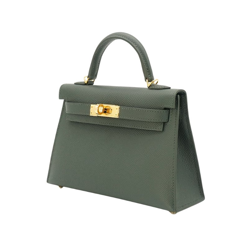 Hermes 展示品 Mini Kelly 2代 Epsom牛皮手提斜背包(Q0灰綠/K刻金釦)-1