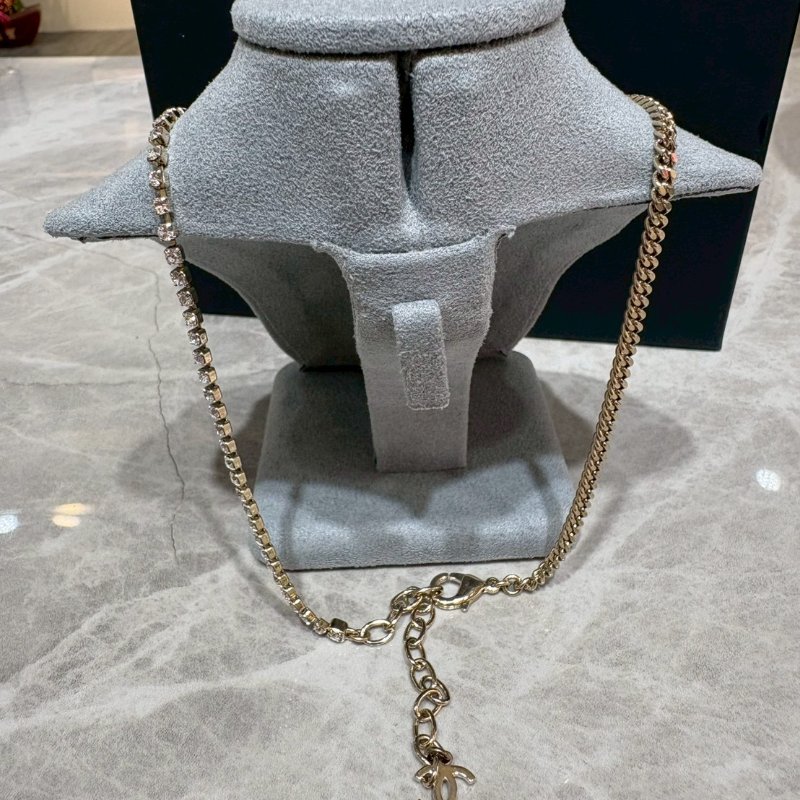 Chanel 24P雙層鏈條拼接水鑽菱格紋雙C金色鏈條-1