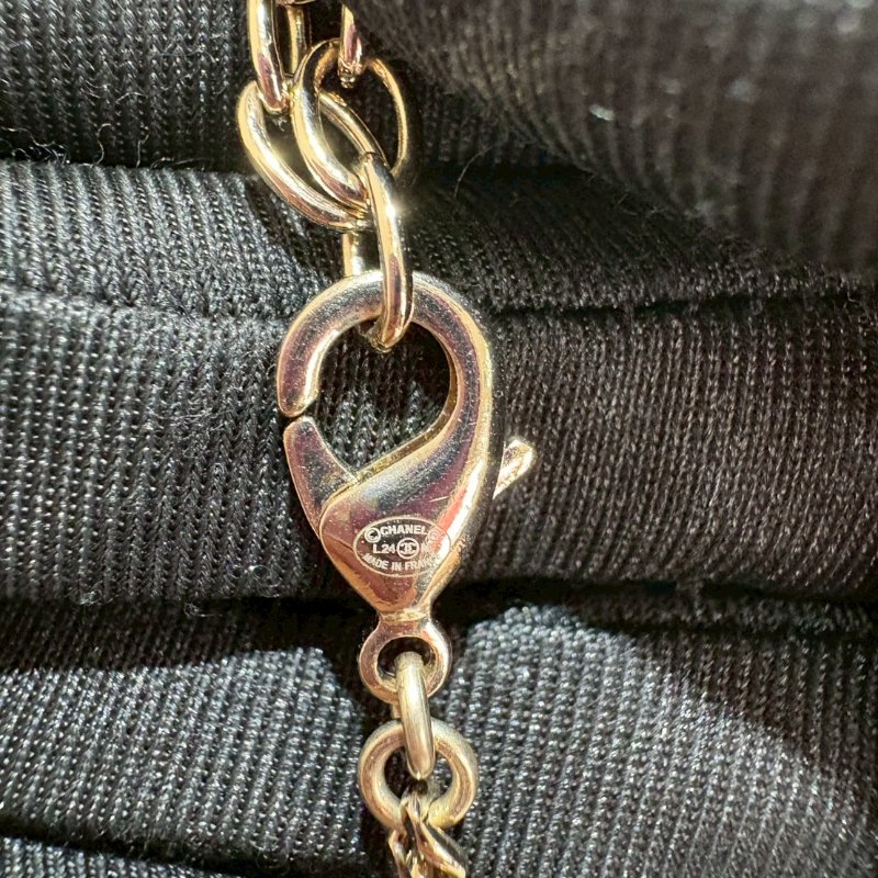 Chanel 24P雙層鏈條拼接水鑽菱格紋雙C金色鏈條-7