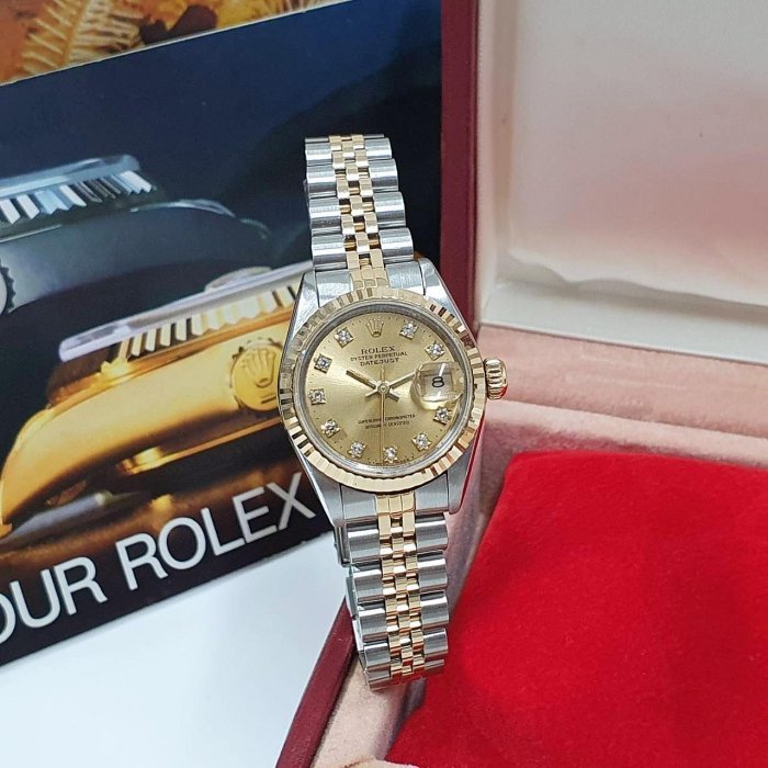 【大眾名錶】ROLEX 勞力士 69173 Datejust 半金女錶 太陽圈 金十鑽面盤錶徑26mm 大眾名錶B904-2