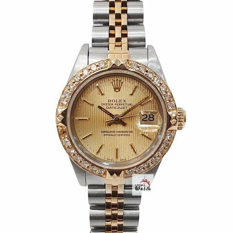 【大眾名錶】ROLEX 勞力士 69173 Datejust 蠔式女錶 金面條紋 後加金字塔鑽圈 大眾名錶B1112