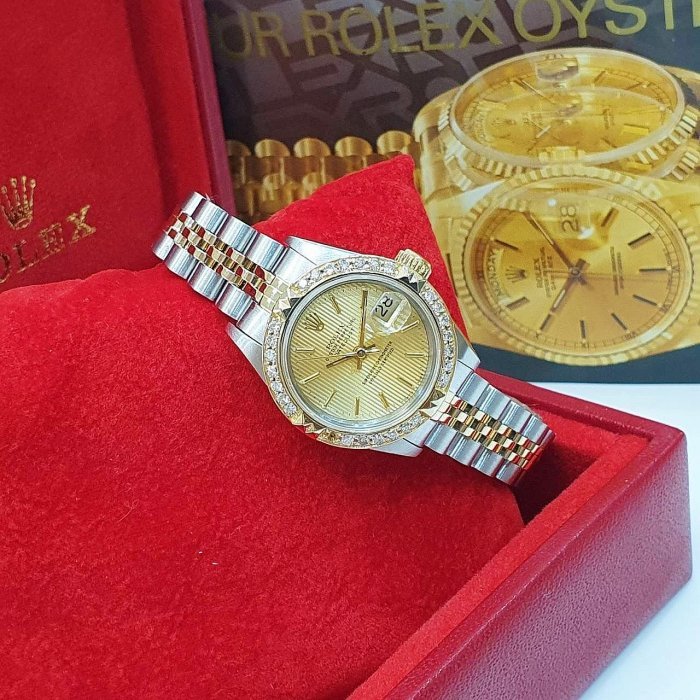 【大眾名錶】ROLEX 勞力士 69173 Datejust 蠔式女錶 金面條紋 後加金字塔鑽圈 大眾名錶B1112-2