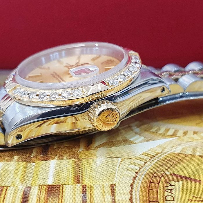 【大眾名錶】ROLEX 勞力士 69173 Datejust 蠔式女錶 金面條紋 後加金字塔鑽圈 大眾名錶B1112-5