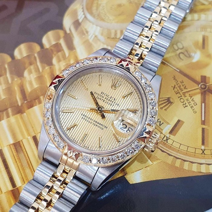 【大眾名錶】ROLEX 勞力士 69173 Datejust 蠔式女錶 金面條紋 後加金字塔鑽圈 大眾名錶B1112-8