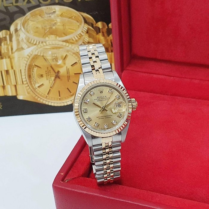 【大眾名錶】ROLEX 勞力士 69173 Datejust 半金女錶 金十鑽面盤 舊包台 錶徑26 大眾名錶B1211-1
