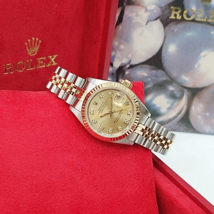 【大眾名錶】ROLEX 勞力士 69173 Datejust 半金女錶 金十鑽面盤 舊包台 錶徑26 大眾名錶B1211-2