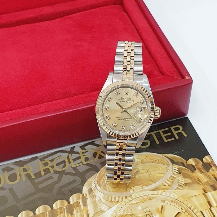 【大眾名錶】ROLEX 勞力士 69173 Datejust 半金女錶 金十鑽面盤 舊包台 錶徑26 大眾名錶B1211-3