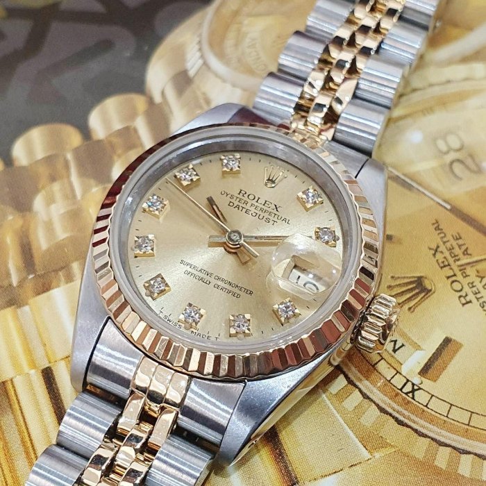 【大眾名錶】ROLEX 勞力士 69173 Datejust 半金女錶 金十鑽面盤 舊包台 錶徑26 大眾名錶B1211-5