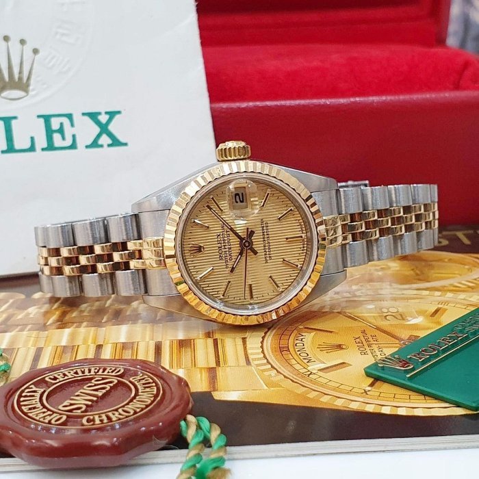 【大眾名錶】ROLEX 勞力士 79173 Datejust 蠔式日誌 女錶半金款 金面直條紋面盤 大眾名錶B1197-3