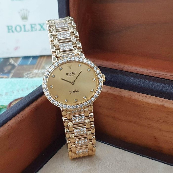 【大眾名錶】ROLEX 勞力士 4083 Cellini徹里尼 金面盤 鑽石時標 後加鑽圈/K金鑽帶 大眾名錶B869-2