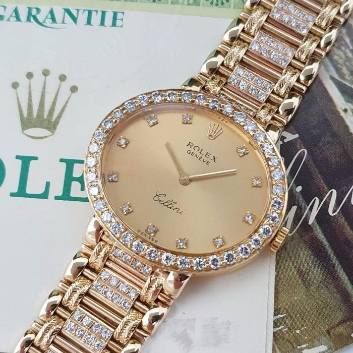 【大眾名錶】ROLEX 勞力士 4083 Cellini徹里尼 金面盤 鑽石時標 後加鑽圈/K金鑽帶 大眾名錶B869-4
