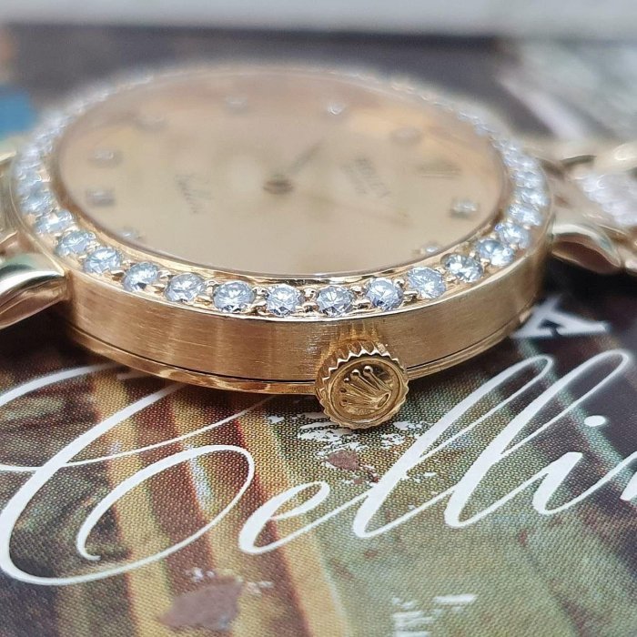 【大眾名錶】ROLEX 勞力士 4083 Cellini徹里尼 金面盤 鑽石時標 後加鑽圈/K金鑽帶 大眾名錶B869-5