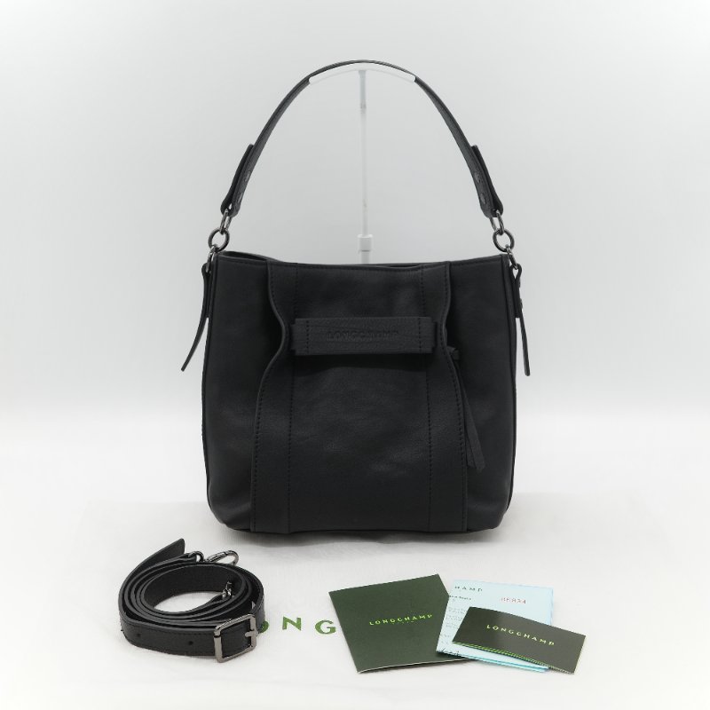 Longchamp 瓏驤 3D 立體壓印logo 經典黑色 頂級小牛皮 小型 手提斜背兩用托特包-1