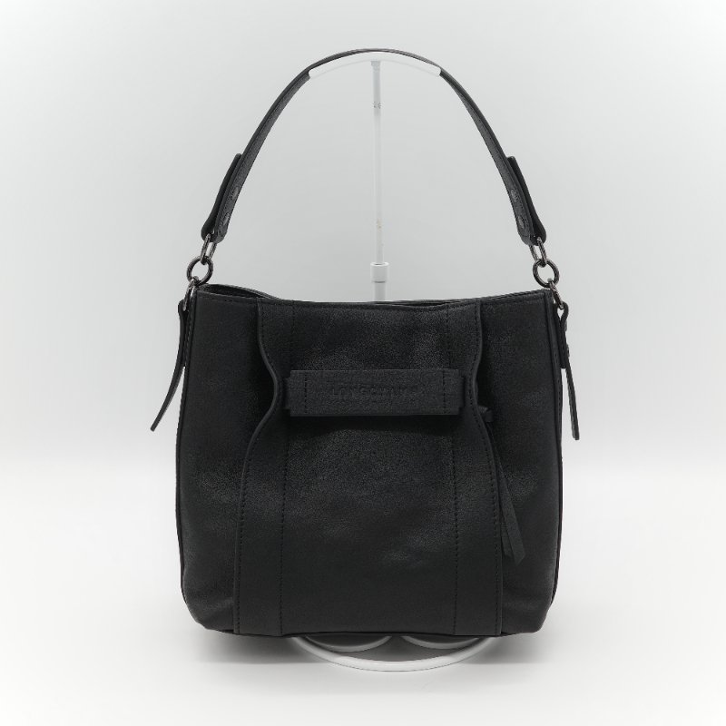 Longchamp 瓏驤 3D 立體壓印logo 經典黑色 頂級小牛皮 小型 手提斜背兩用托特包-2