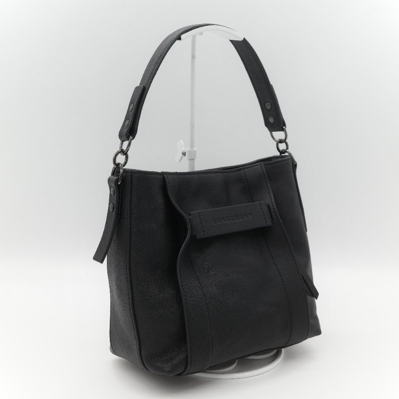 Longchamp 瓏驤 3D 立體壓印logo 經典黑色 頂級小牛皮 小型 手提斜背兩用托特包-3