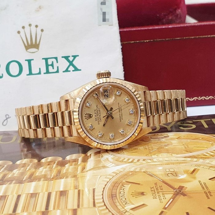 【大眾名錶】ROLEX 勞力士 69178 Datejust 18K金女錶 金十鑽面盤 台灣AD 大眾名錶G201-4