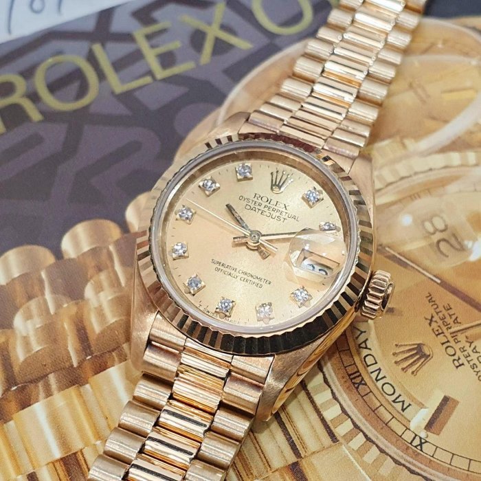 【大眾名錶】ROLEX 勞力士 69178 Datejust 18K金女錶 金十鑽面盤 台灣AD 大眾名錶G201-8