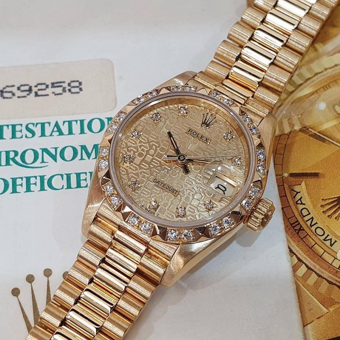 【大眾名錶】ROLEX勞力士 69258 Datejust 蠔式18K金女錶 金十鑽紀念面 原鑲金字塔 大眾名錶G157-8