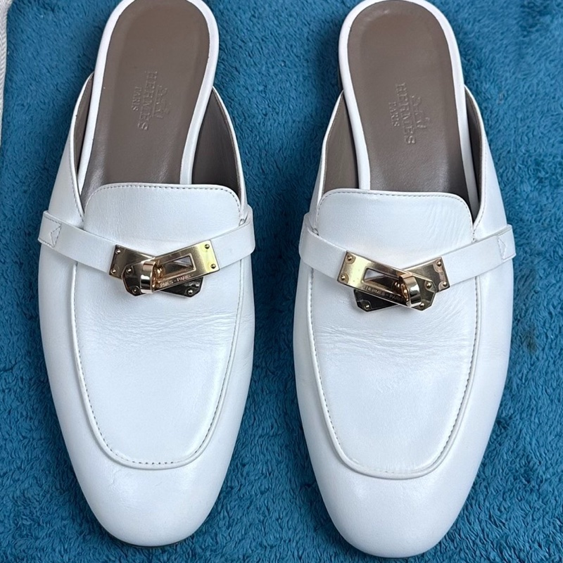 Hermès 愛馬仕oz 穆勒平底包頭拖鞋 白色36碼 附件：塵袋+盒-0