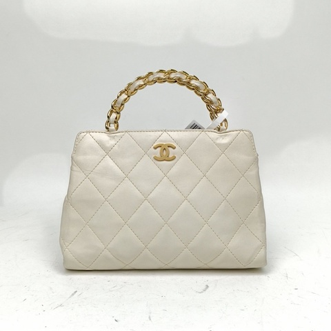 CHANEL 米白色牛皮9開金扣中古kelly手提包龍骨手提