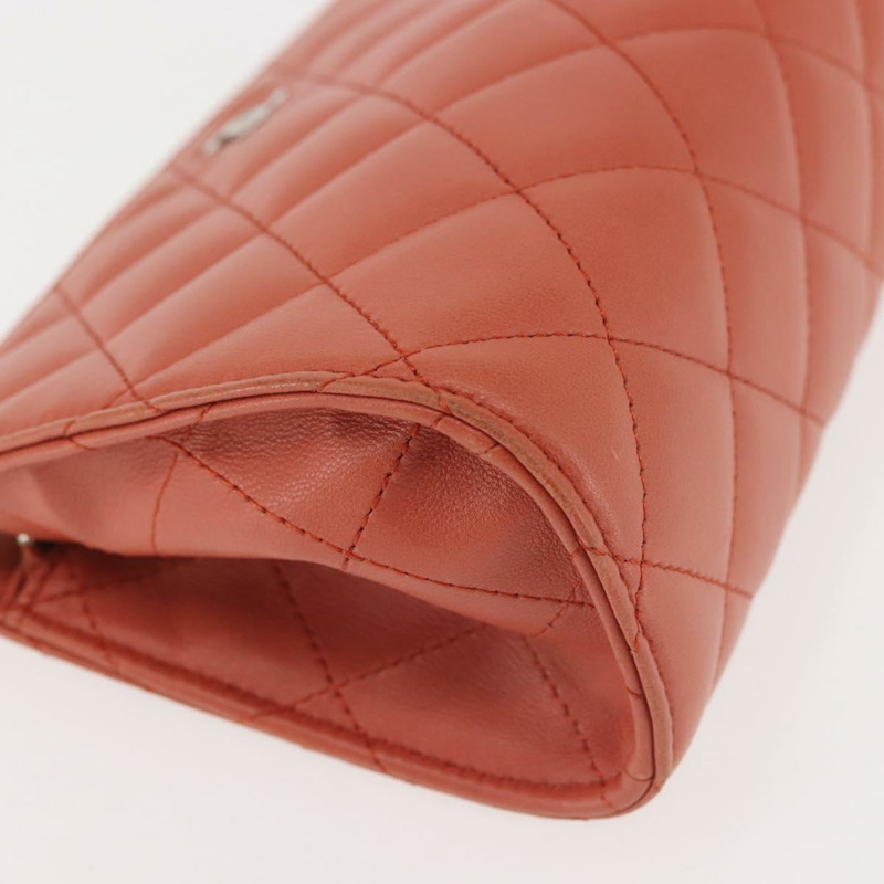 【日本直送】香奈兒 (CHANEL) 絎縫羊皮手拿包 橘色 銀色 CC 認證 144810A-6