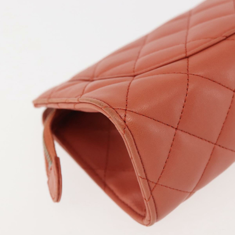 【日本直送】香奈兒 (CHANEL) 絎縫羊皮手拿包 橘色 銀色 CC 認證 144810A-14