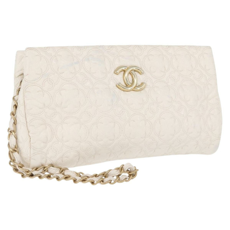 【日本直送】香奈兒 Icon 手拿包 漆皮 白色 金 CC 認證 172502A-0