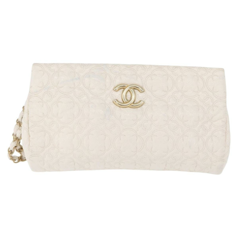 【日本直送】香奈兒 Icon 手拿包 漆皮 白色 金 CC 認證 172502A-12