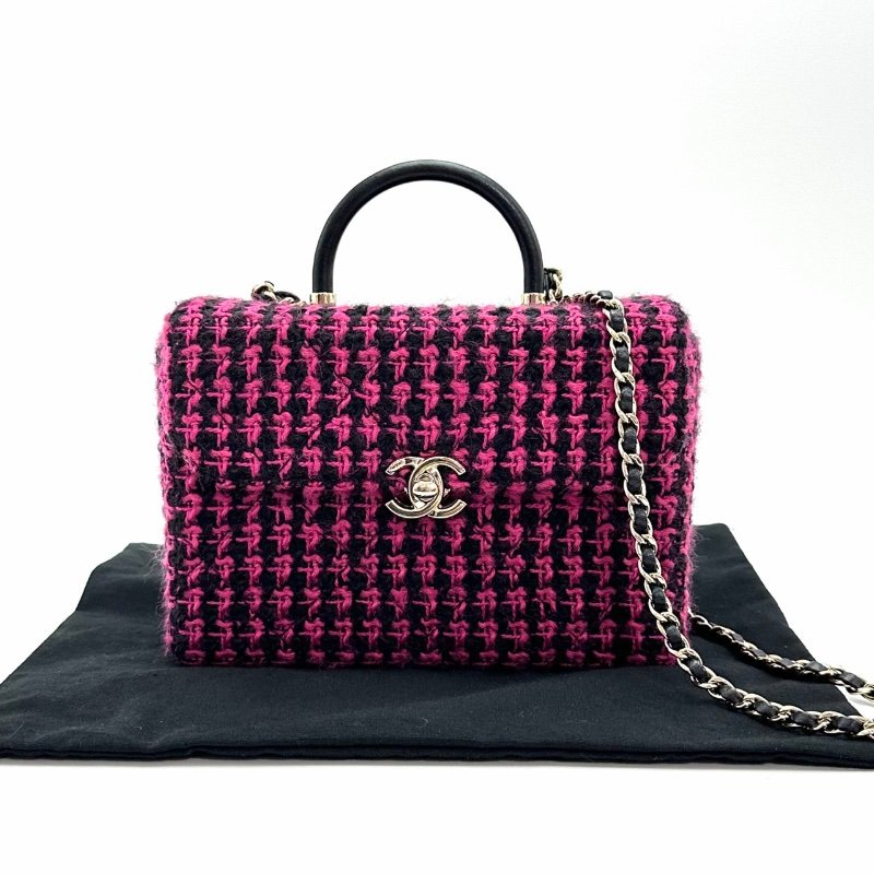 CHANEL 桃紅拼黑色格紋毛呢編織手提肩背豆腐包 19*13*8 99新配件塵袋-1