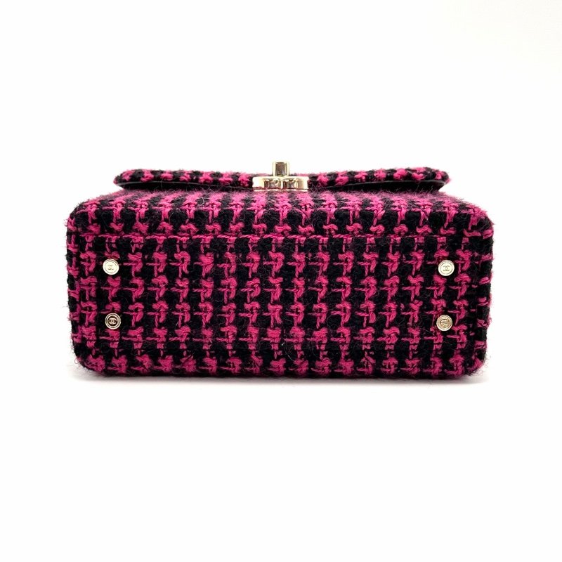 CHANEL 桃紅拼黑色格紋毛呢編織手提肩背豆腐包 19*13*8 99新配件塵袋-3