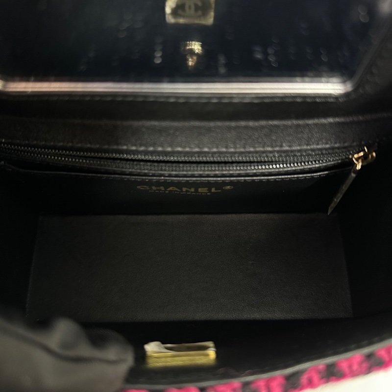 CHANEL 桃紅拼黑色格紋毛呢編織手提肩背豆腐包 19*13*8 99新配件塵袋-5