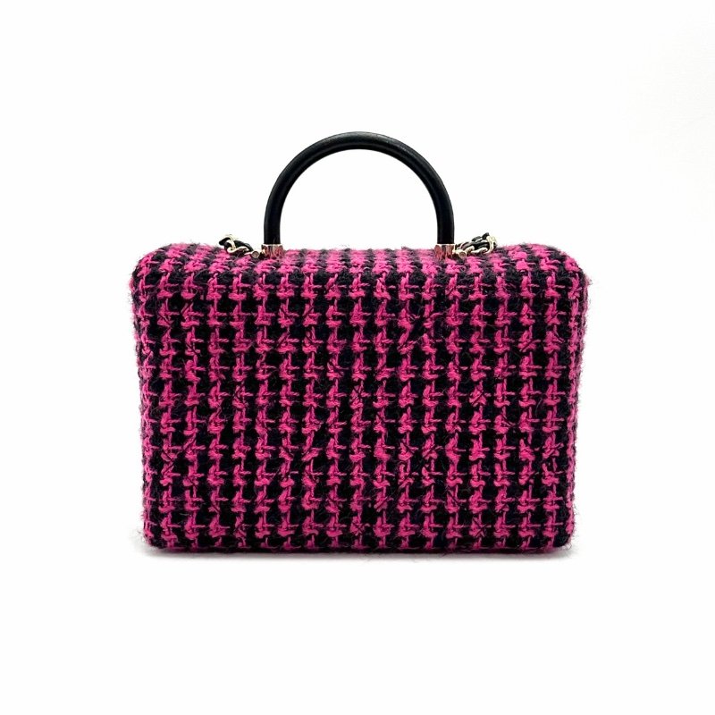 CHANEL 桃紅拼黑色格紋毛呢編織手提肩背豆腐包 19*13*8 99新配件塵袋-6