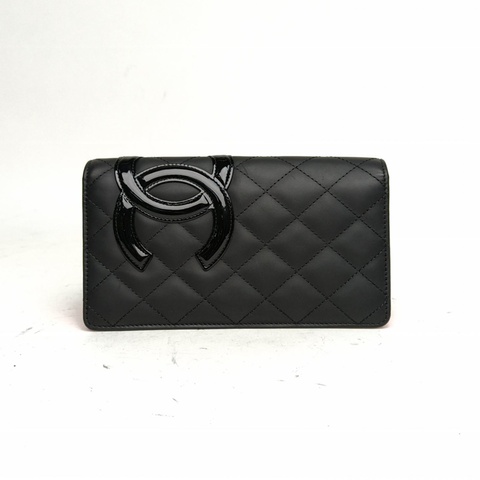 CHANEL 中古康鵬長款翻蓋錢包黑色牛皮20開銀扣