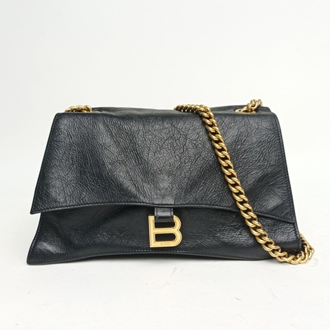 BALENCIAGA CRUSH沙漏復古做舊手提單肩包中號黑色牛皮金扣