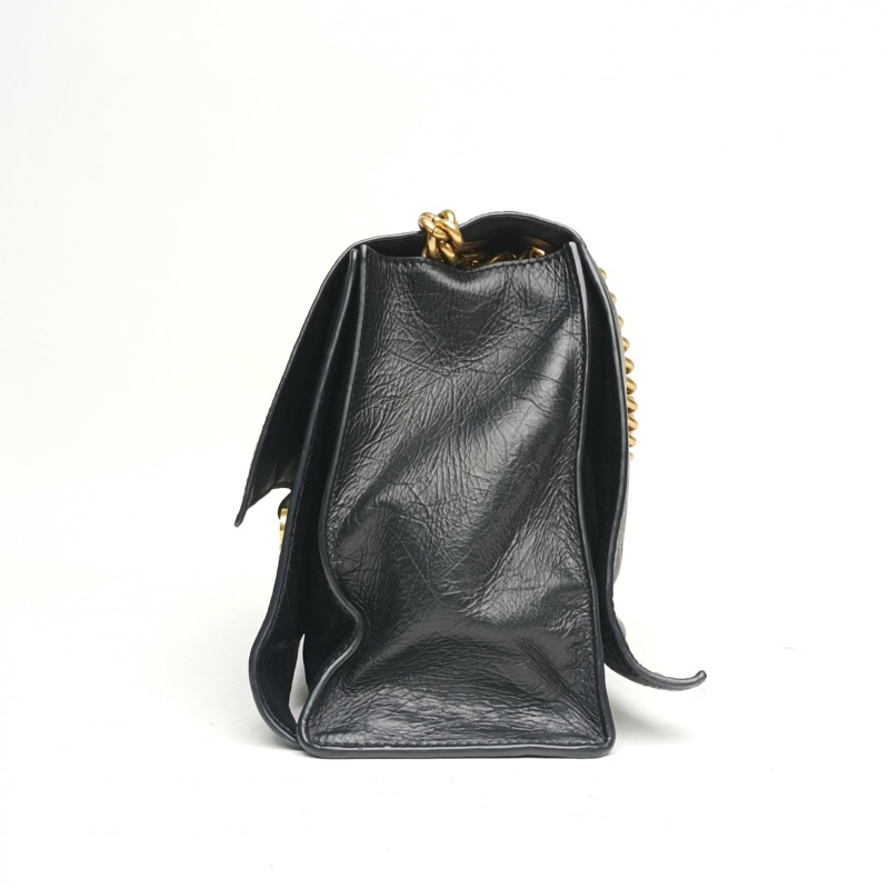 BALENCIAGA CRUSH沙漏復古做舊手提單肩包中號黑色牛皮金扣-1