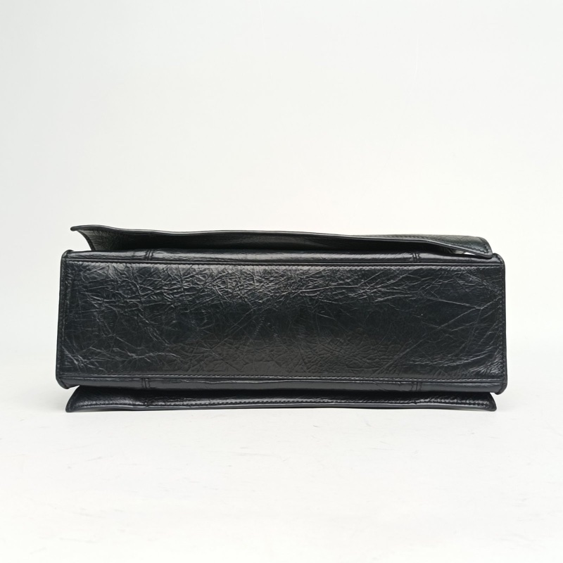 BALENCIAGA CRUSH沙漏復古做舊手提單肩包中號黑色牛皮金扣-3