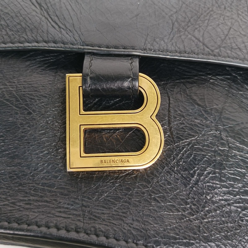 BALENCIAGA CRUSH沙漏復古做舊手提單肩包中號黑色牛皮金扣-4