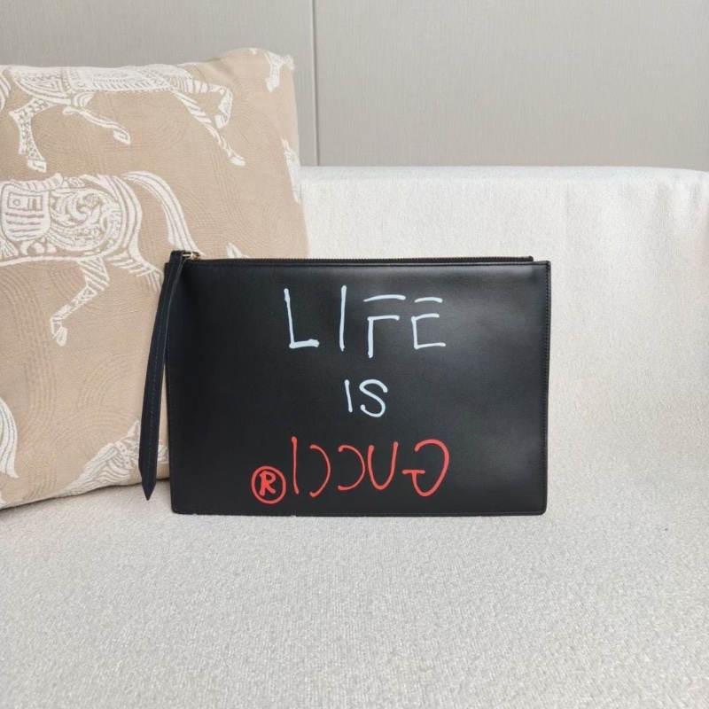 Gucci 全皮字母印花手拿包 黑色牛皮30*20  9新 配件塵袋-1