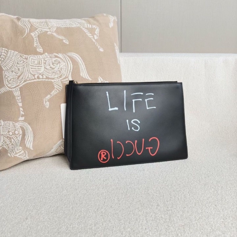 Gucci 全皮字母印花手拿包 黑色牛皮30*20  9新 配件塵袋-3