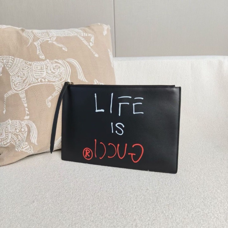 Gucci 全皮字母印花手拿包 黑色牛皮30*20  9新 配件塵袋-5