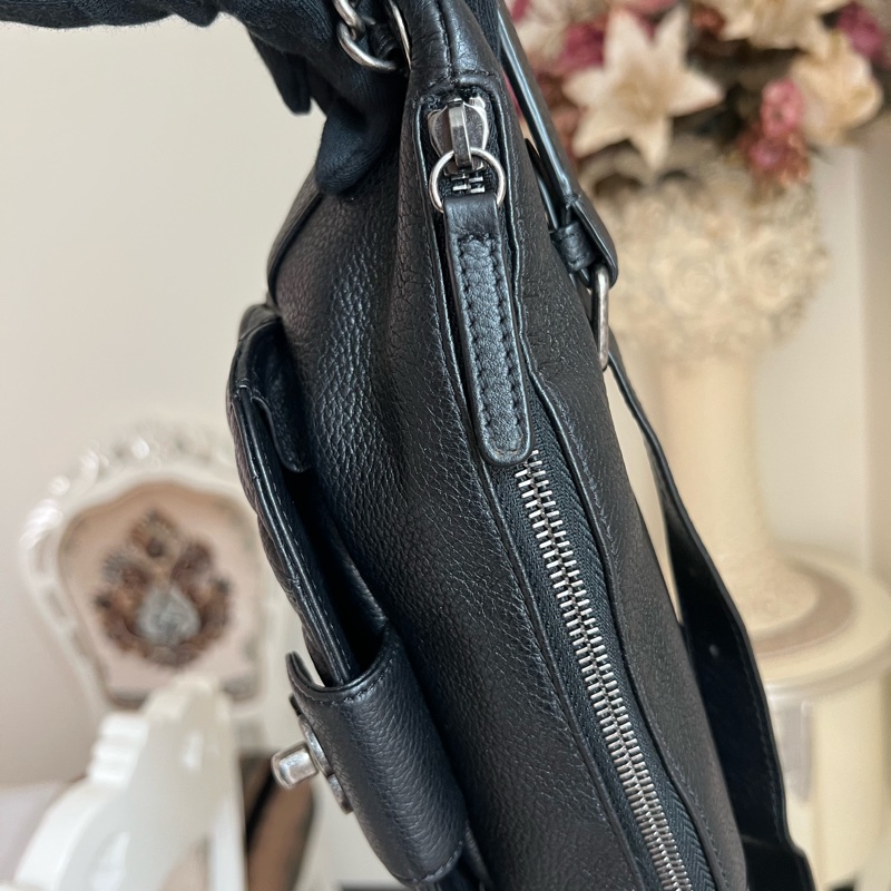 香奈兒 黑色荔枝牛皮復古銀胸口包腰包-21