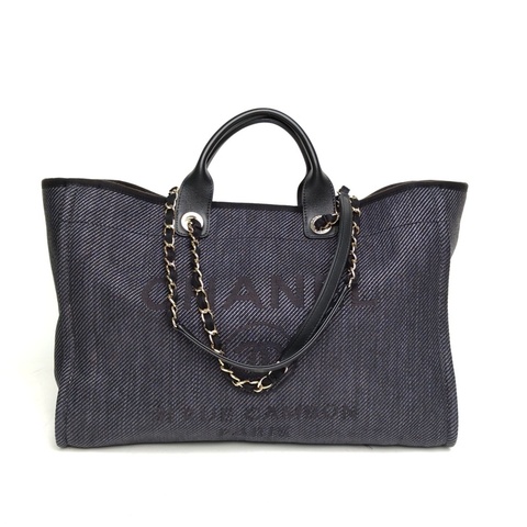 CHANEL 黑色帆布30開金扣沙灘包帶手柄版超大號