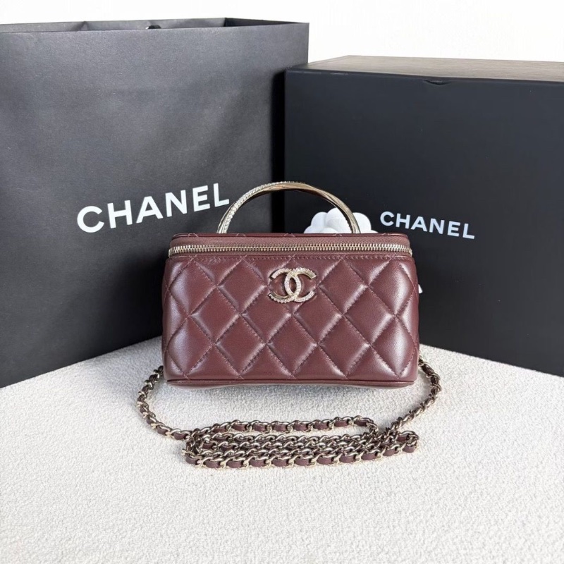 Chanel 水鑽手柄盒子化妝包 新標款 酒紅色 金扣 羊皮16*10*8  95新 配件盒子 說明書 塵袋-3