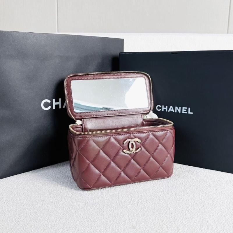 Chanel 水鑽手柄盒子化妝包 新標款 酒紅色 金扣 羊皮16*10*8  95新 配件盒子 說明書 塵袋-7
