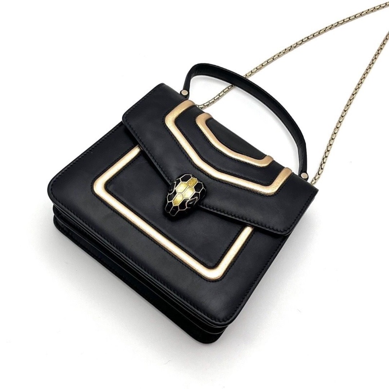 BVLGARI 黑金蛇頭手提斜背風琴包18.5*16*10  9新 配件塵袋-5